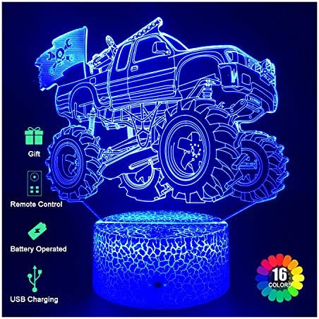 Monster Truck Night Lights Gifts, Monster Truck 3D Lamp Gifts with USB Cable and 16 Colors Changing, Touch & Remote Control, The Best Birthday Christmas Monster Truck Gifts for Boys