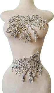Pure Handmade Bodice lace Rhinestones Applique Sewing Stones Beads Crystal Trimming Patches Accessories for Weding Dress Decorations 1 Pair/Set 7.4X13.7inches (Clear AB)
