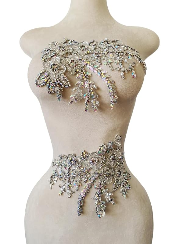 MOPISVN Pure Handmade Bodice lace Rhinestones Applique Sewing Stones Beads Crystal Trimming Patches Accessories for Weding Dress Decorations 1 Pair/Set 7.4X13.7inches (Clear AB) by MOPISVN - Used condition - US$15.35