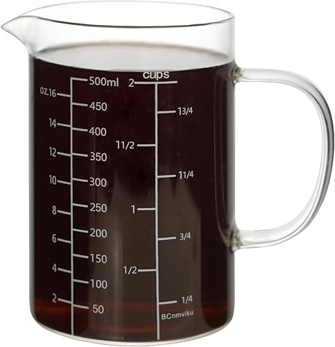 BCnmviku Vaso medidor de vidrio de 2 tazas de 16.9fl oz con asa, vidrio de borosilicato alto, tres escalas (OZ, taza, MLCC para cocina o