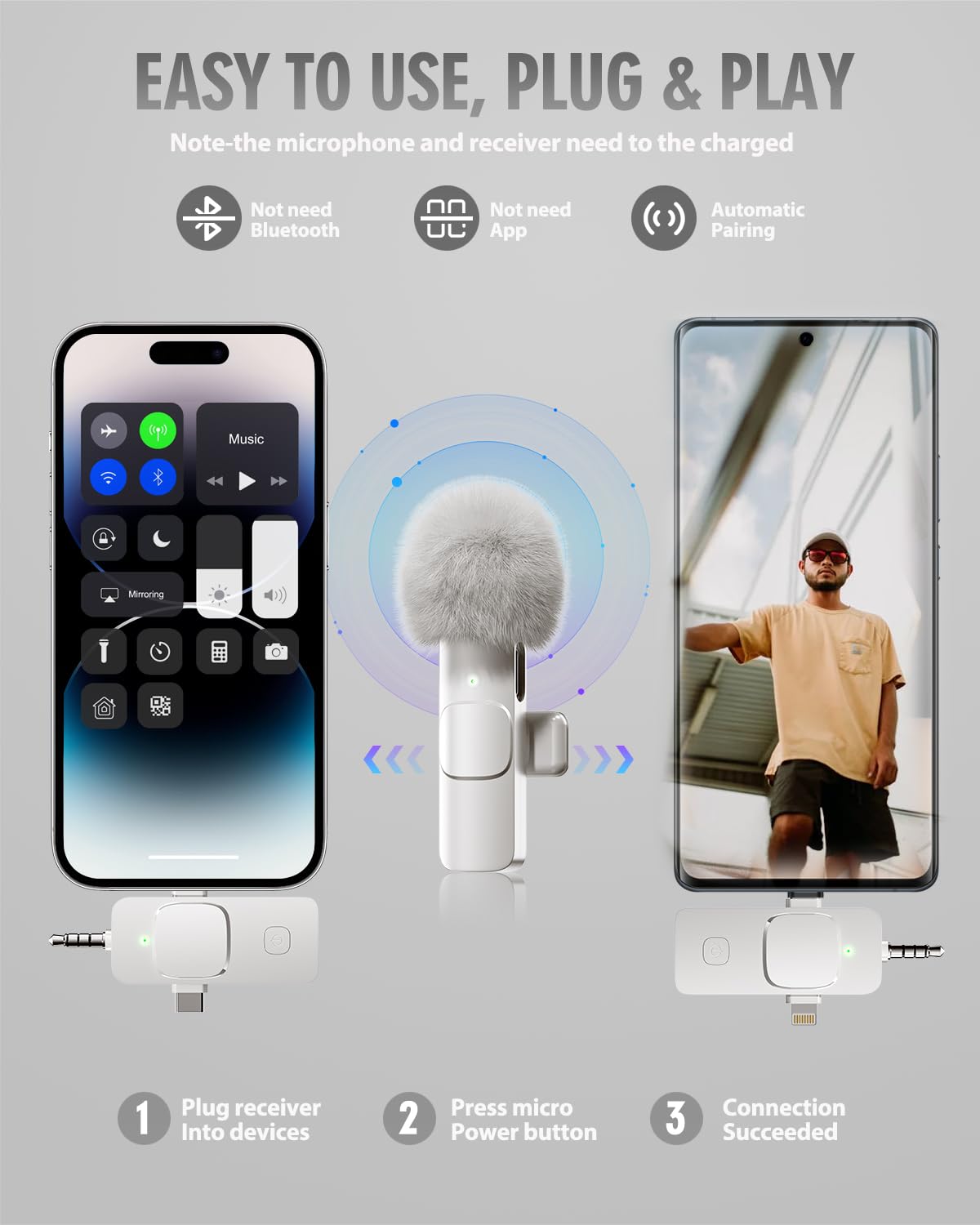 PQRQP 3 in 1 Wireless Lavalier Microphones for iPhone, iPad, Android, Camera, USB-C Microphone, 7-Hour Battery, Mini Microphone with Noise Reduction for Video Recording, Vlog, YouTube, TikTok: PQRQP 3 in 1 Wireless Lavalier Microphones for iPhone, iPad, Android, Camera, USB-C Microphone, 7-Hour Battery, Mini Microphone-Crystal Clear Sound Quality for Recording, YouTube, TikTok (White)