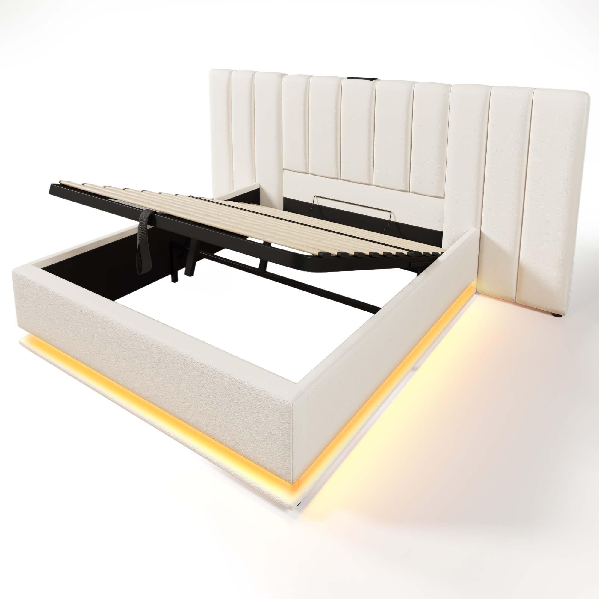 Lubvtti Cama de Matrimonio Con Control de Aplicación LED y Función de Carga USB-C, Almacenamiento de 180 x 200 cm, Estructura Con Cabecero de Gran Tamaño y Somier