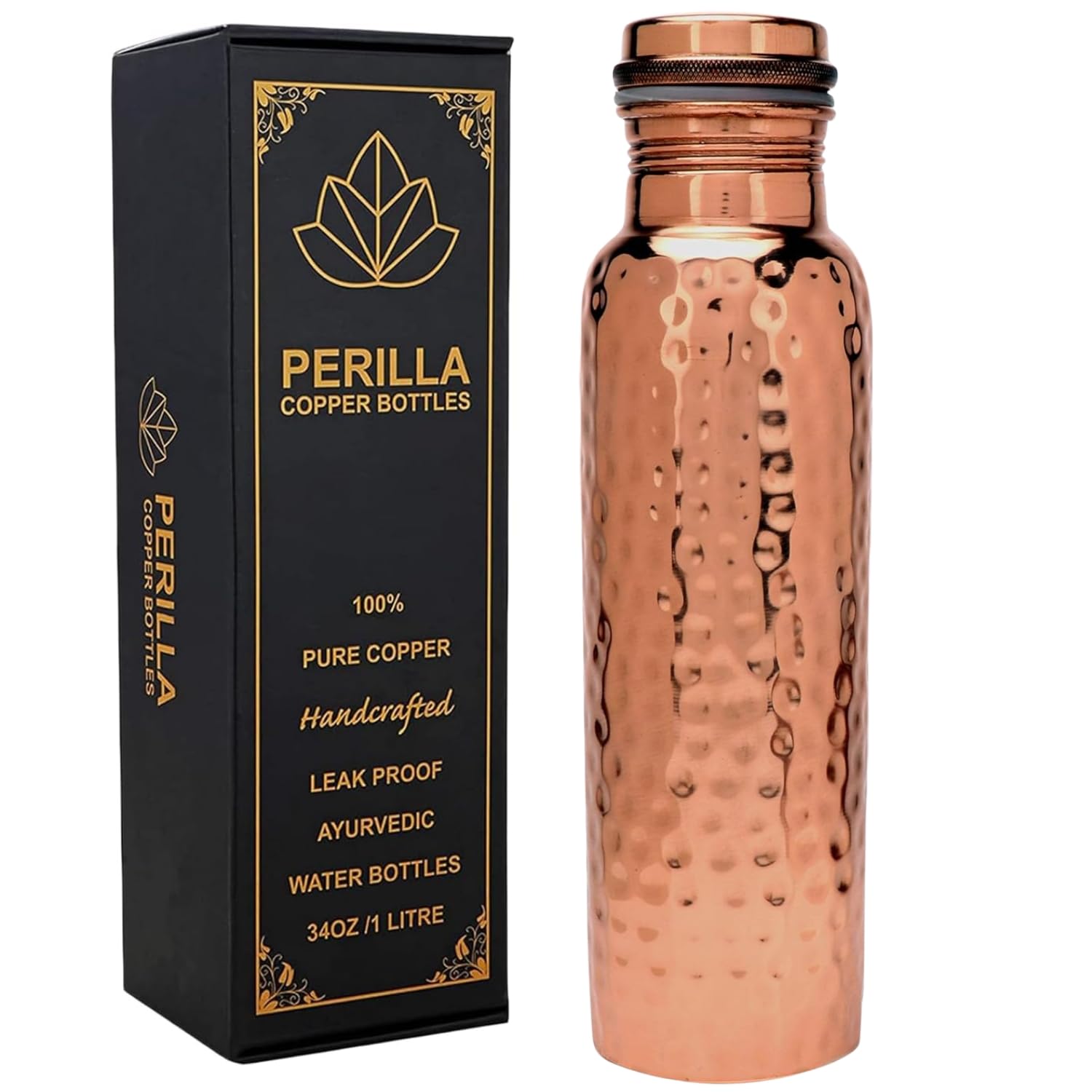Perilla Home Kupfer-Wasserflasche – Ayurvedisch, Auslaufsicher, Für Gesundes Trinken, Mit Deckel