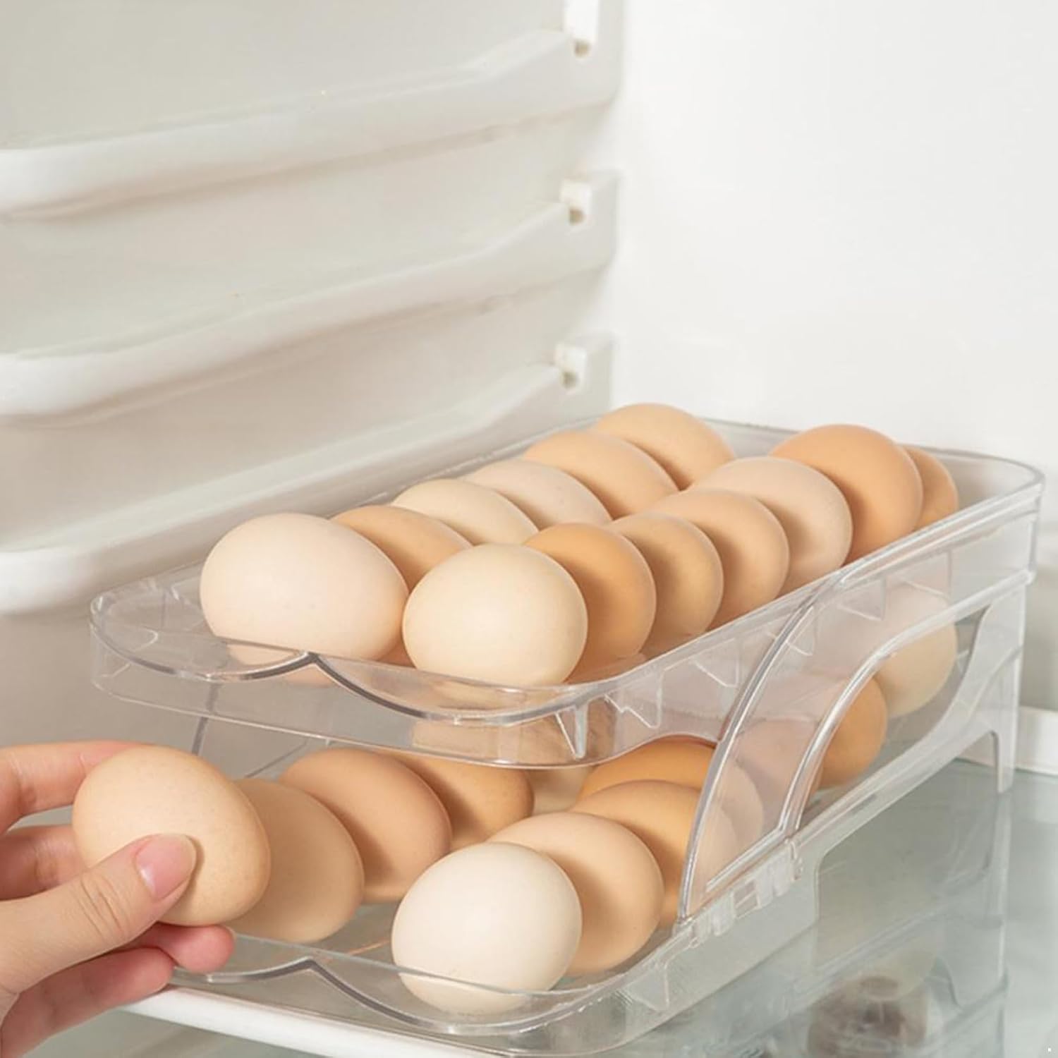 Sholeno Refrigerator Egg Container with Easy Roll System Durable Plastic Organizer for Kitchen Efficient Egg Storage Clear One Size