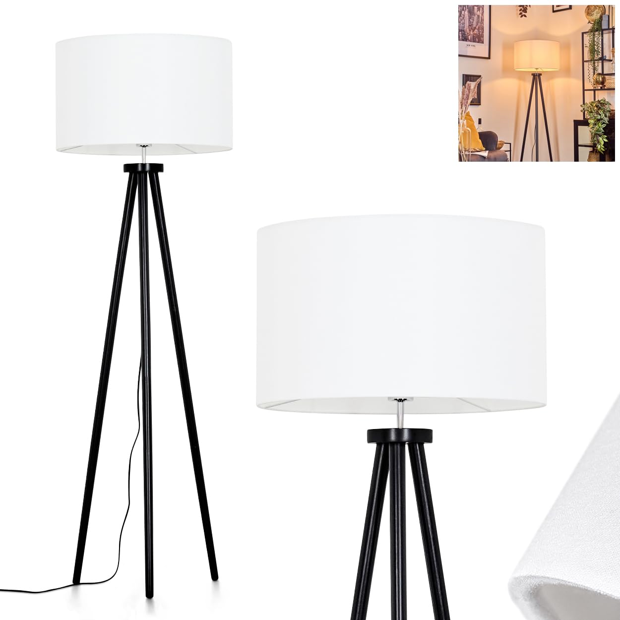 Felmming lampa stojąca, lampa podłogowa z drewna/tkaniny w kolorze czarnym/białym, lampa w skandynawskim designie z okrągłym kloszem (Ø 50 cm) i włącznikiem nożnym, wysokość 155 cm, 1x E27 bez żarówki