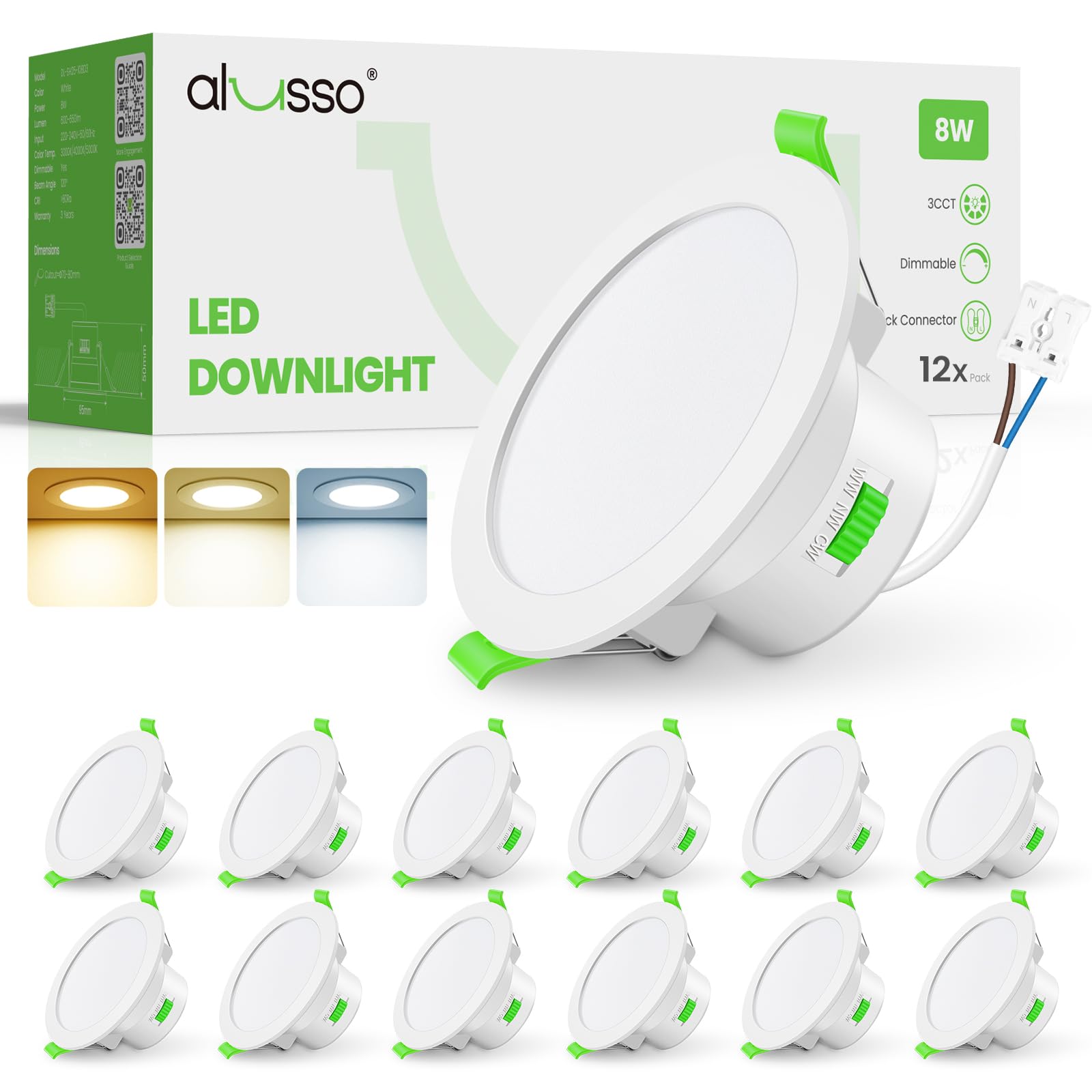 ALUSSO Faretti LED da Incasso per Cartongesso Dimmerabile, 8W IP65 3000K Luce Caldo 4000K Luce Neutro 5000K Luce Faretti LED Soffitto 230V, φ70-80mm, Tondo Bianco, Set da 12