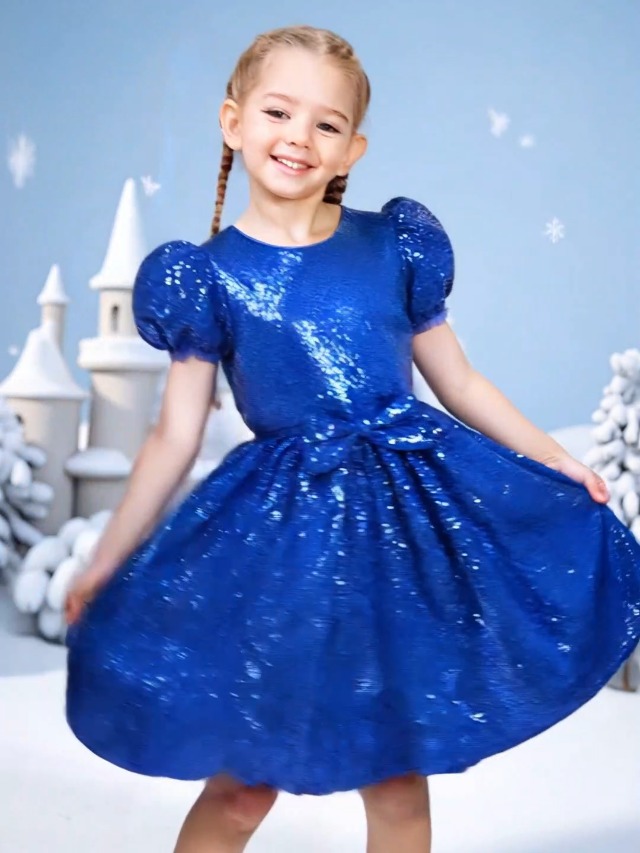 Sunny Fashion Vestito Estivo Per Bambina 4-8 Anni – Blu Floreale Con Colletto A Papillon Nero E Maniche A Sbuffo