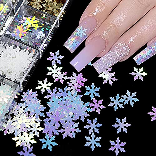 12 Grids Christmas Nail Art Sequins 3D Snowflake Glitter Nail Art Decals Holographic Laser Snowflakes Nail Glitter Flakes Confetti Glitters Nail Design Sparkly Manicure Tips Charms Decoration #TOP4