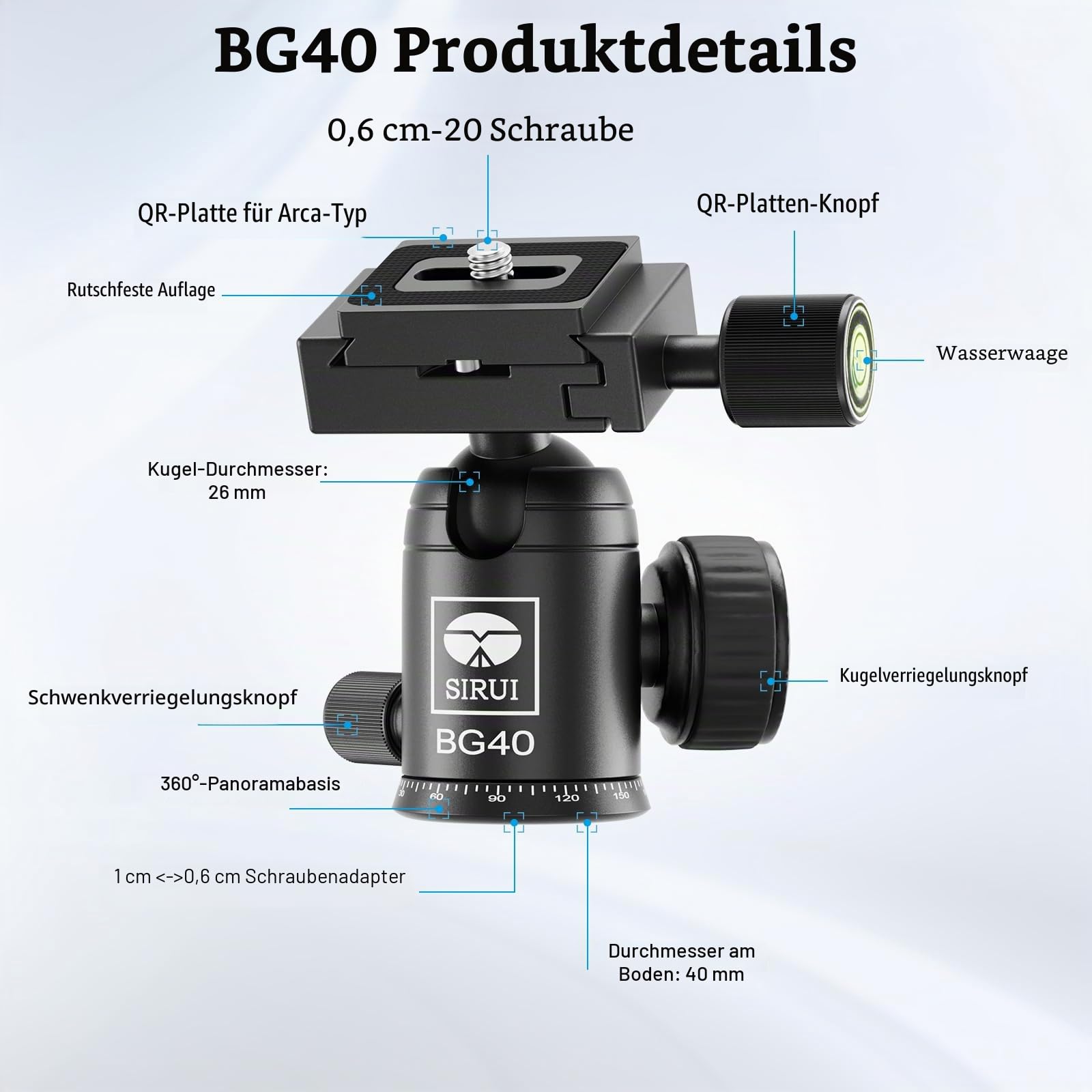 SIRUI BG40 Leichter Aluminium Kugelkopf, 360° Panorama Stativkopf mit Arca Schnellwechselplatte, 10kg Tragkraft für DSLR, Reise, Einbeinstativ, Slider (1/4" & 3/8" inkl.)