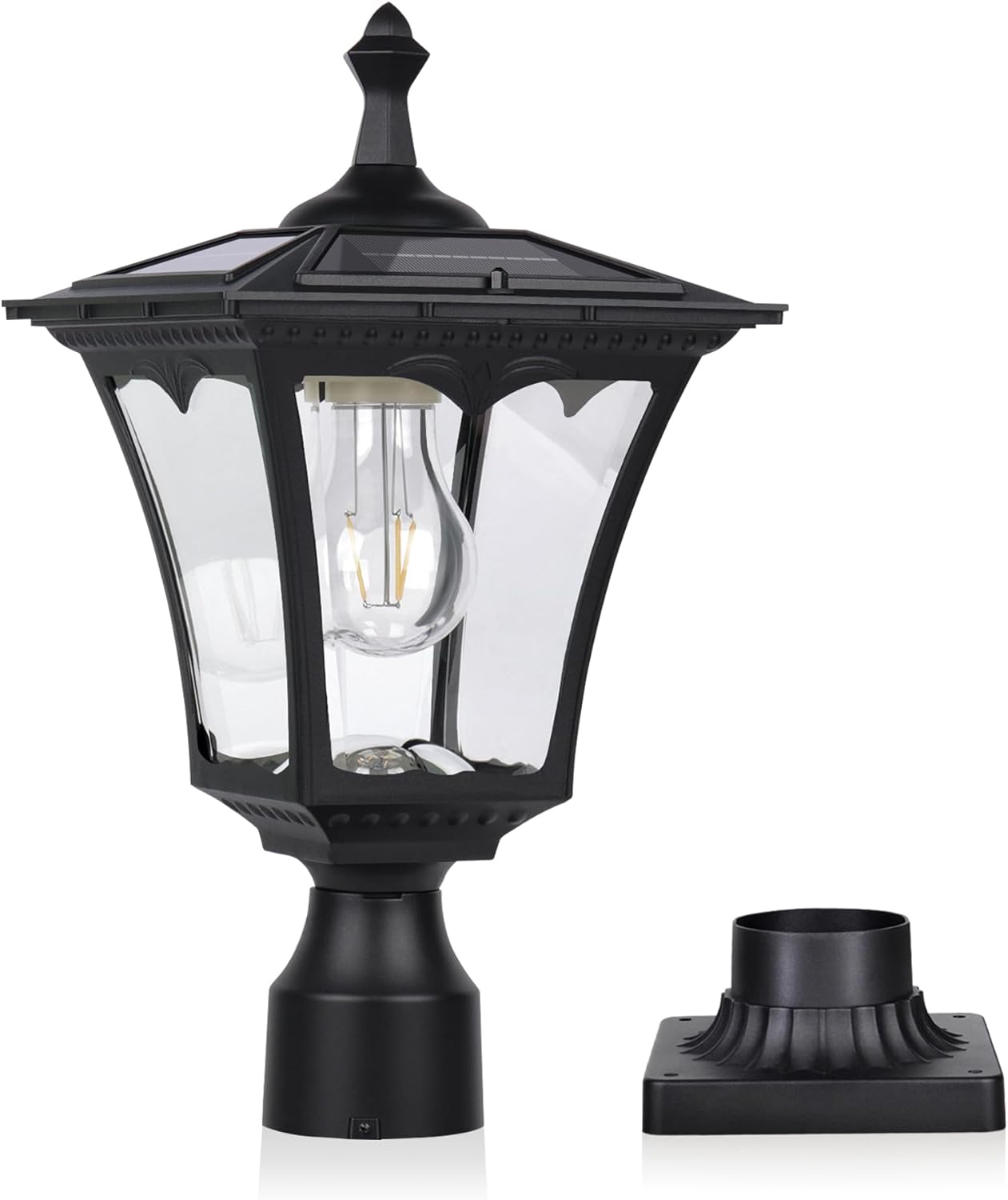 KP4301Q Outdoor Solar Post Lights with Glass lampshade, Heavy Duty Die-Casting Aluminum LED Solar Pillar Light for Gate Column, Driveway, Pathway,Garden, Patio, Matte Black
