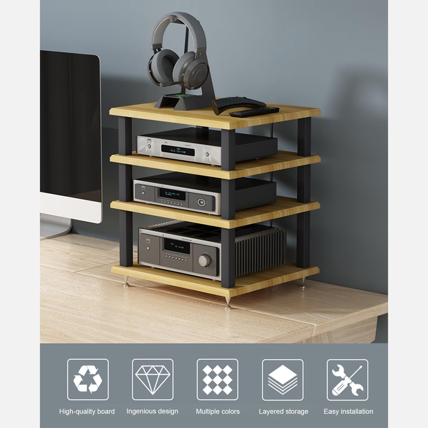 Supporto e tavolo in metallo per registratori DVD e video, con ripiani, finitura in noce, 40 x 35 x 33 cm