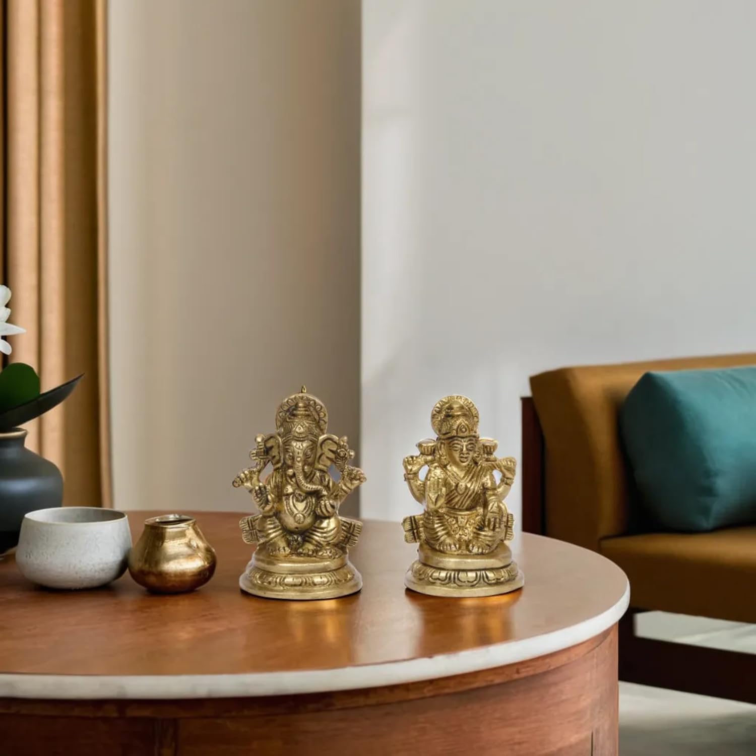 Kartique Brass Laxmi Ganesh Idol Set Bhagwan Ganpati Murti Statua in metallo seduto Laxmi Ji per la decorazione della casa e dell'ufficio, Pooja, regalo portafortuna, altezza 8,3 cm, colore oro