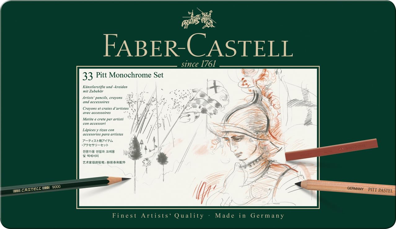 Faber-Castell 112975 - Pitt Monochrome Set im Metalletui, klein, 12-teilig (groß mit Pinselradierer)