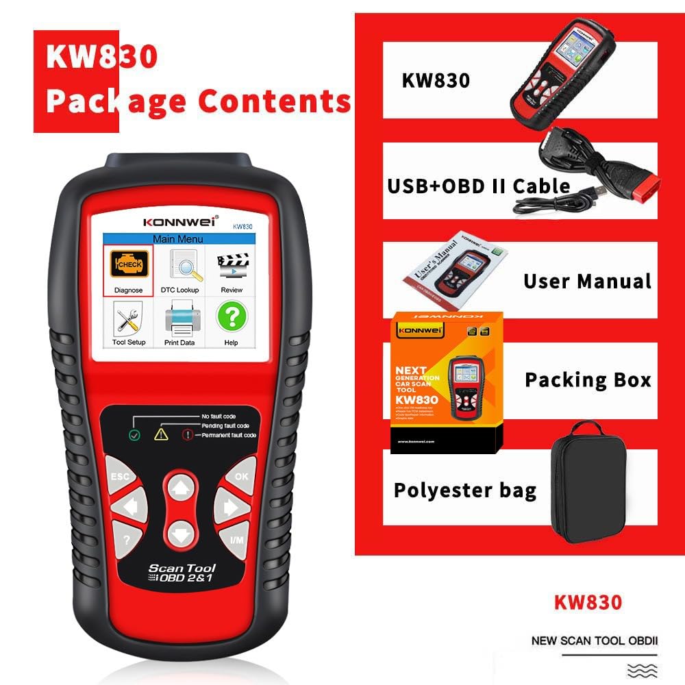KONNWEI KW830 skaner OBD2, czytnik kodów OBD2, narzędzie diagnostyczne do samochodu z pełnymi funkcjami OBD2 i testerem akumulatora do odczytywania i usuwania kodów błędów pojazdu, obsługuje