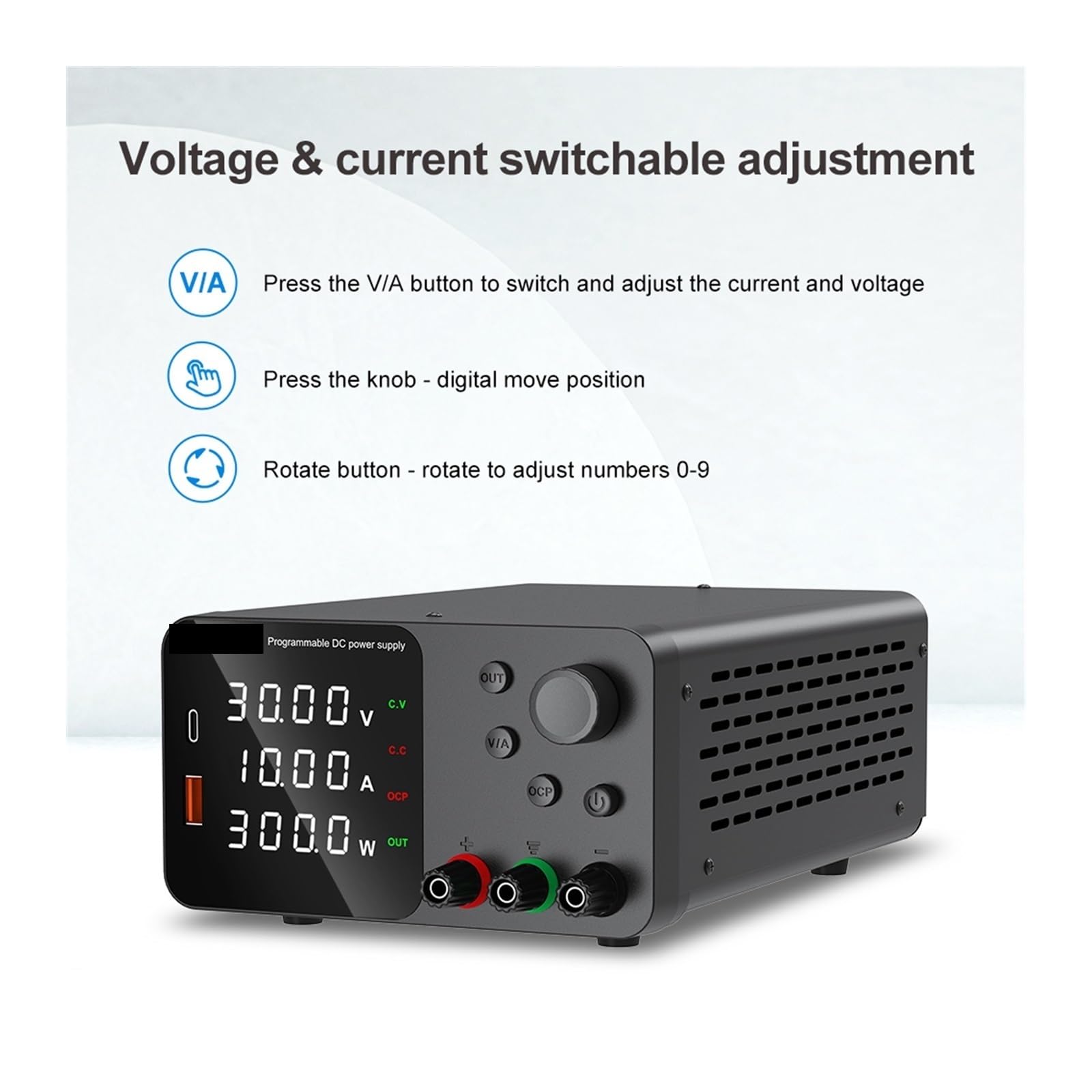 Fuente de alimentación variable, Fuente De Alimentación Laboratorio 30V 10A Con Carga Rápida USB Corriente Voltaje Regulable 5A 60V 120V 3A CC(TPS3010 White)