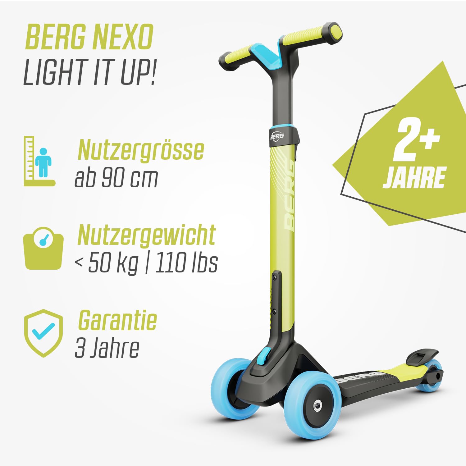 BERG Nexo Kinderroller Kinderscooter faltbar ab 2 Jahre | Höhenverstellbarer Tretroller Scooter | Dreirad Roller für Kinder Jungen & Mädchen, bis 12 Jahre