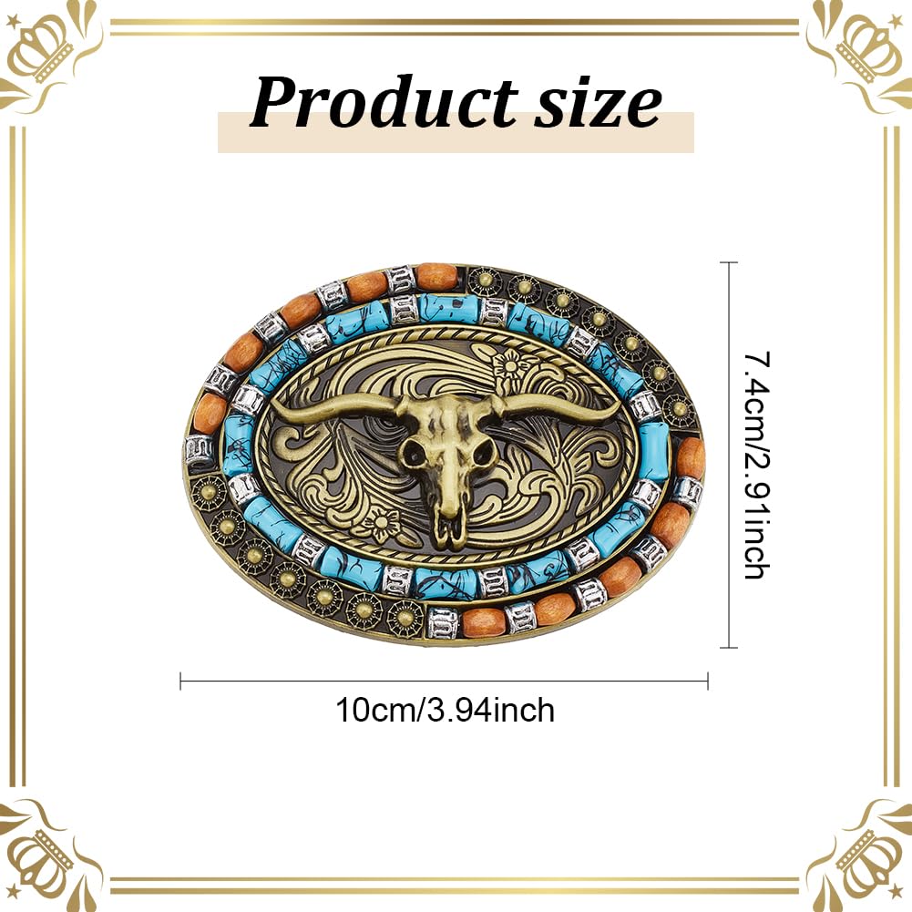 ANATTASOUL 2 Pcs Western Belt Buckle for Men Women Cowboy Cowgirl Long Horn Bull Turquoise Belt Buckle Vintage Golden Sliver Western Durable Denim Rectangle Alloy Belt Buckles for Birthday Gifts