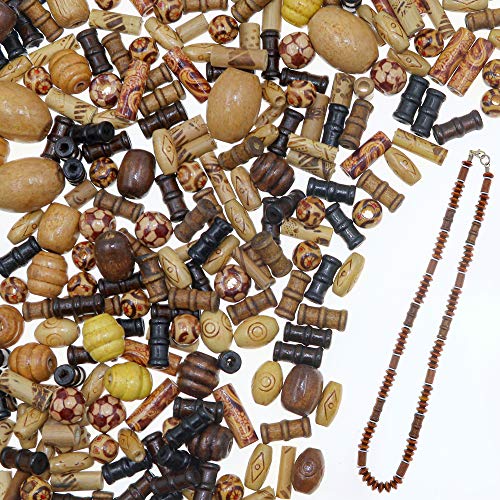 Over 700 Pieces Wood Beads for Jewelry Making with Free Sample Necklace - 24 Assorted Natural Wooden Bead Styles - Great for African, Native American Designs, Macrame Bracelets, Necklaces, Braids