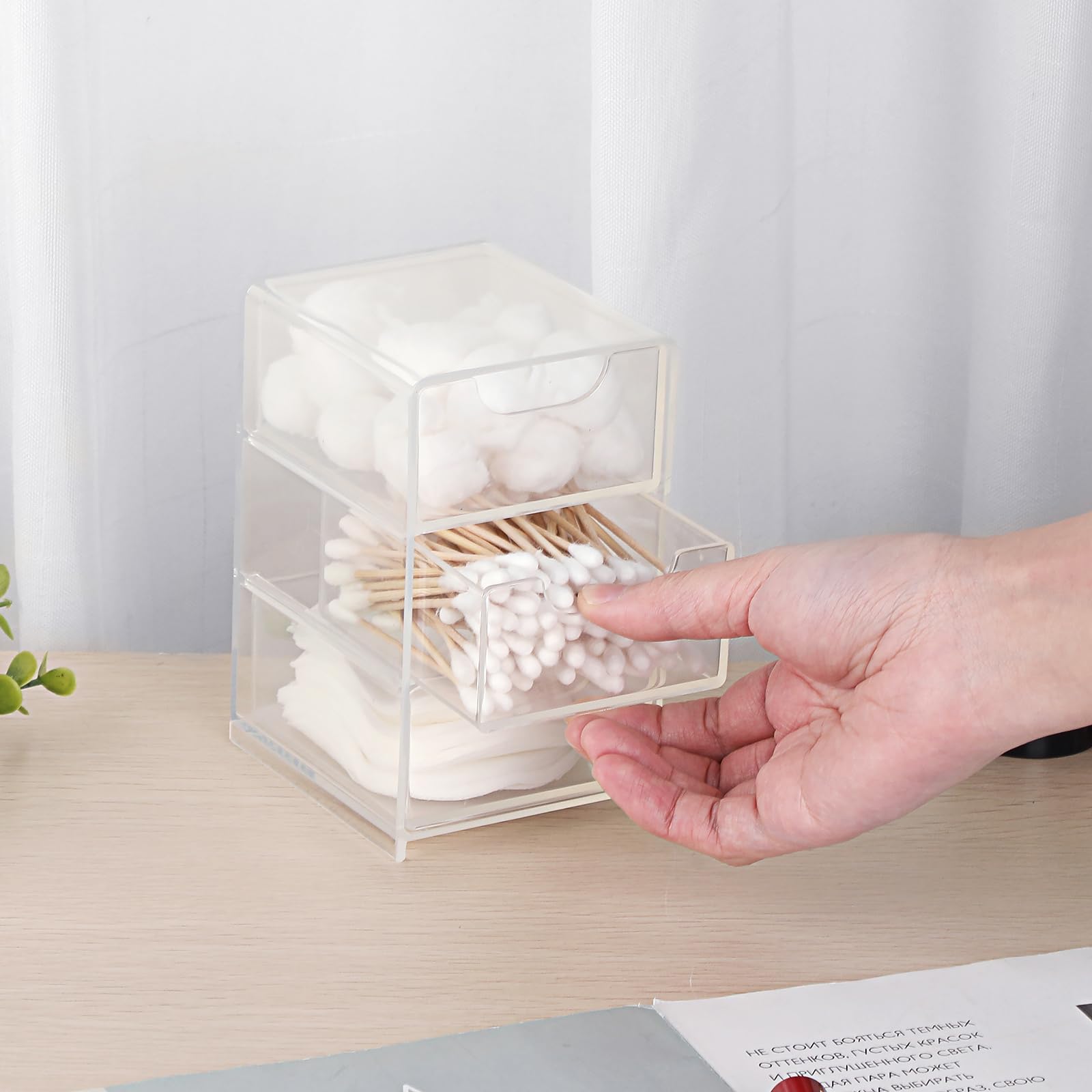 Hipiwe Acrylic Drawer Organizer Qtip Holder for Cotton Pad Cotton Swabs Makeup Storage Drawer with 3 Drawers Clear — view 2