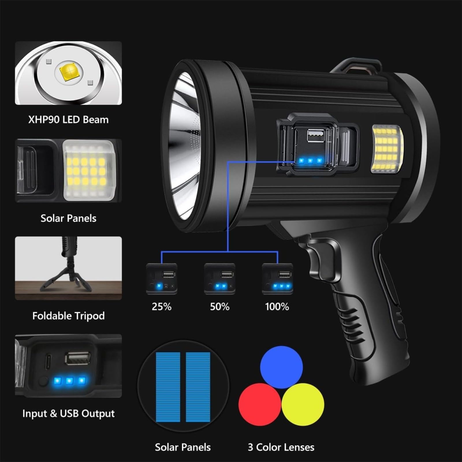 Faretto a LED ricaricabile a energia solare, super luminoso, 100000 lumen, torcia impermeabile con treppiede, 6 modalità e 3 filtri colorati, torcia portatile a lunga distanza per caccia, pesca