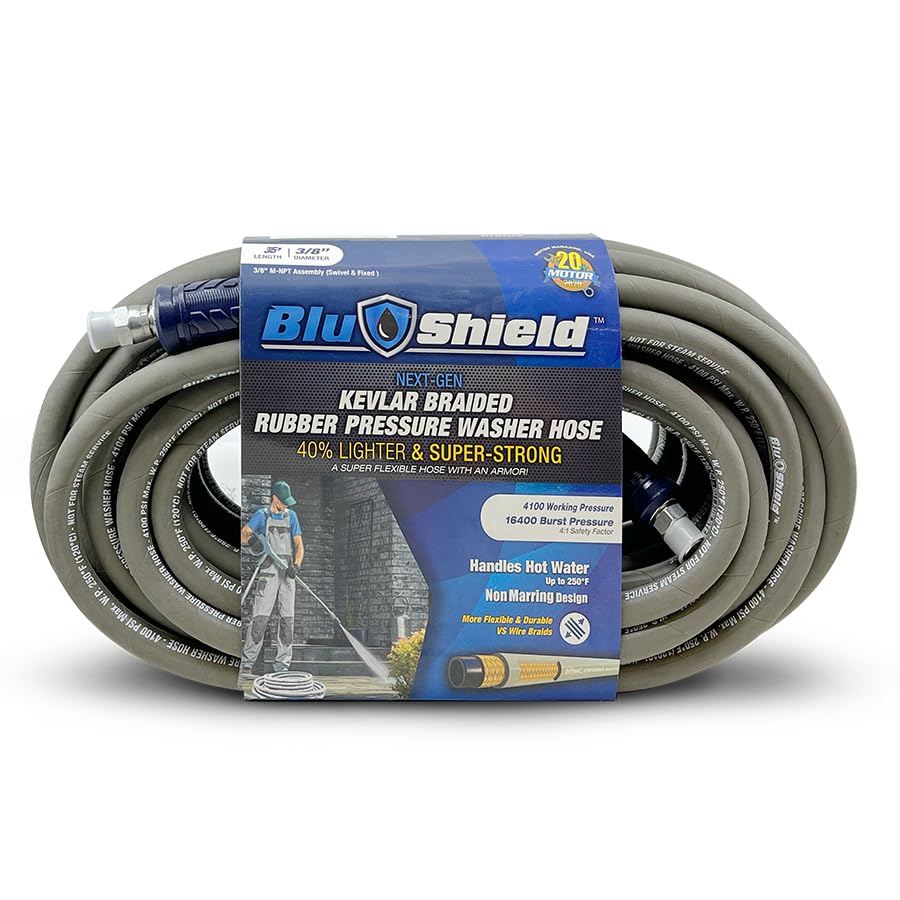BluShield Pressure Washer Hose - Aramid Braided - Non-marking 3/8" Male NPT Revolving + Fixed