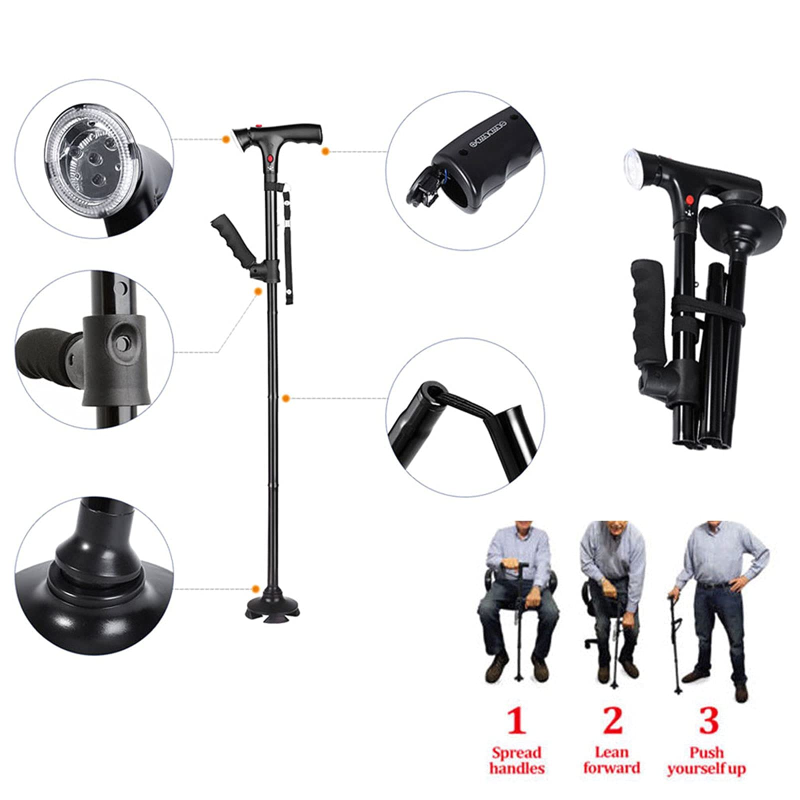 Bastón plegable, bastón ligero de aleación de aluminio para personas mayores, muleta ajustable de viaje con luz LED para personas mayores con artritis discapacitadas, equilibrio especial Star of Light