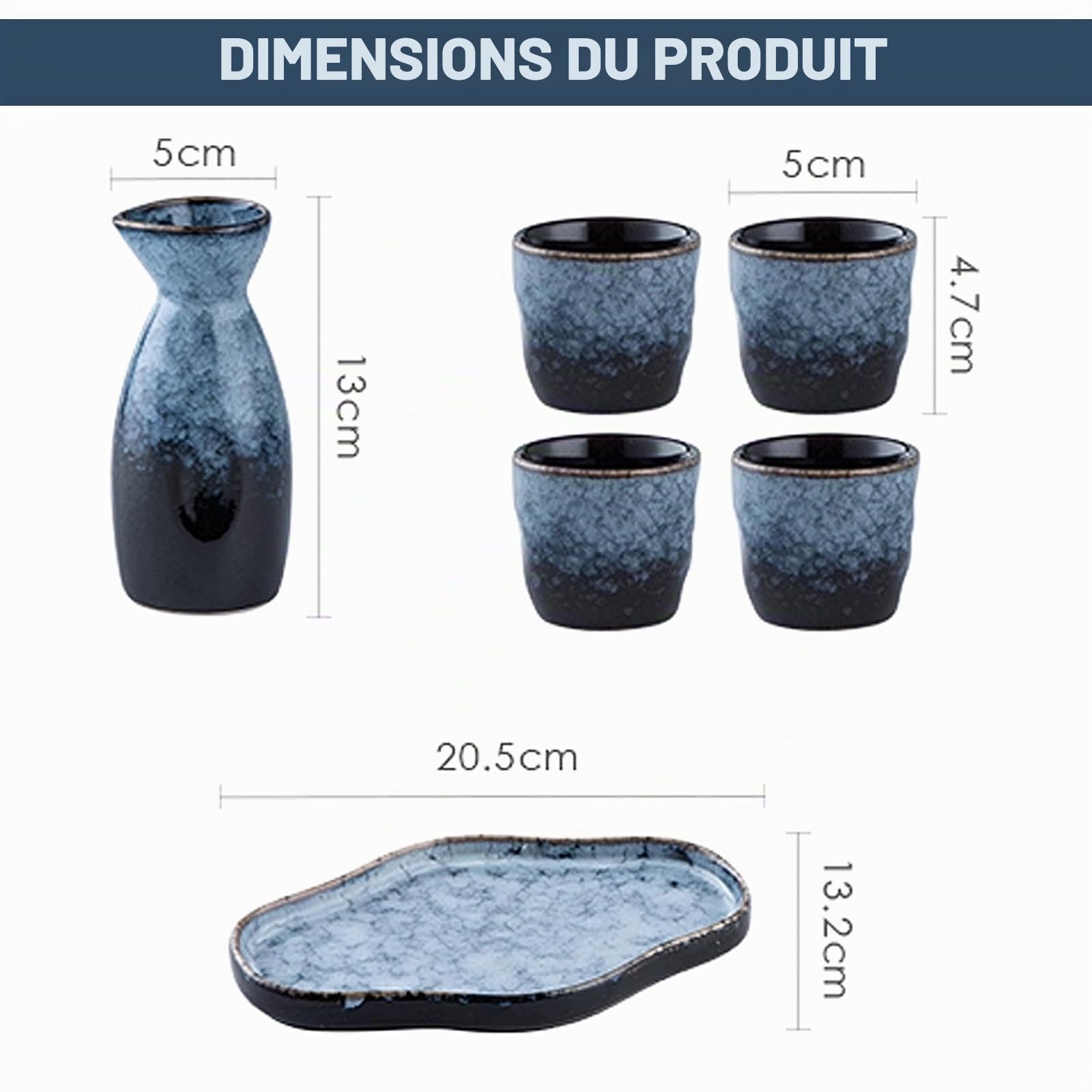 Service à saké japonais en céramique, 6 pièces. Set de saké japonais traditionnel avec 4 gobelets à saké de 35 ml, 1 pot à saké de 175 ml, 1 plateau, glaçage au four en porcelaine pour la maison, le