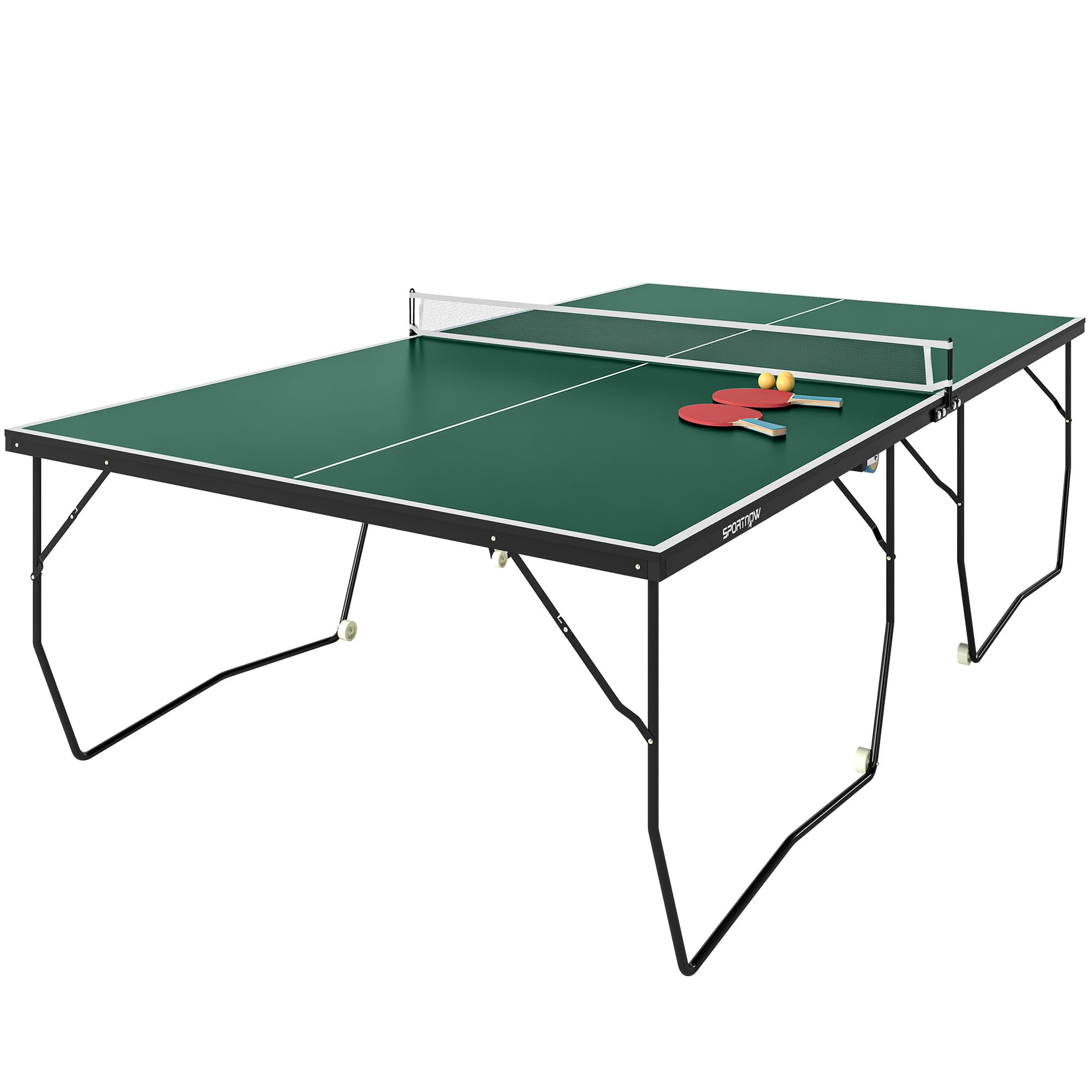SPORTNOW Mesa de Ping Pong Plegable para Interiores Mesa de Tenis Profesional Tamaño Estándar con Red Paletas 3 Pelotas 274x152,5x76 cm Verde