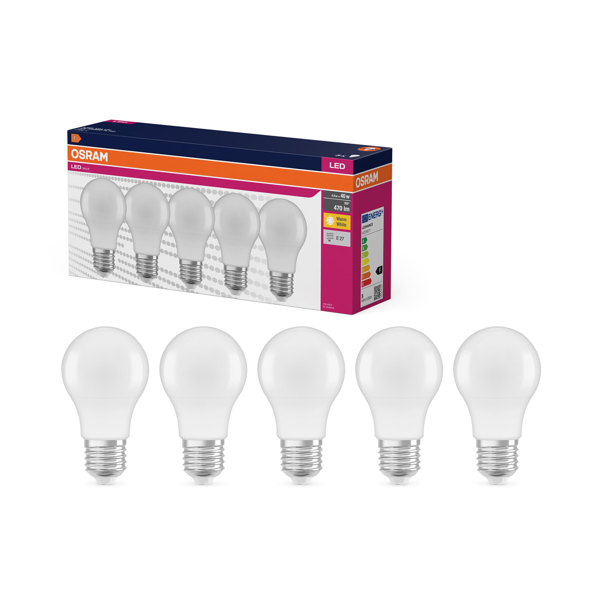 OSRAM LED-Lampe Value Classic A40 Kolbenform 4,9W 827, 2700K warmweiß, E27, matt, 470 lm, Ra≥80 Farbwiedergabe