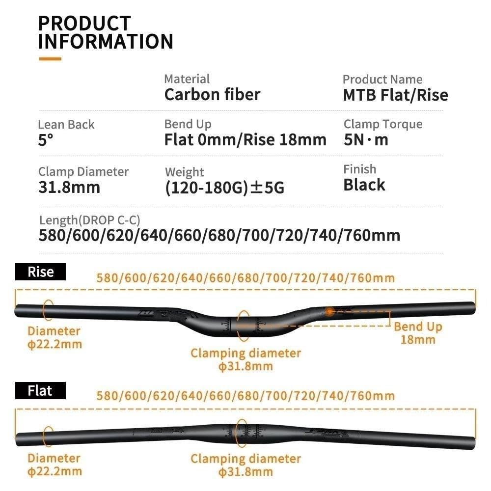 Elevador Potencia Manillar de Carbono para Bicicleta de montaña, Manillar de 31,8mm de Altura, Ancho de 580mm - 760mm