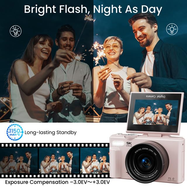 SOPPY 5K Digitalkamera 75MP Vlogging Kamera 3,0 Zoll 180° Flip-Screen Kompaktkamera 64GB 18X Digitalzoom Rosa