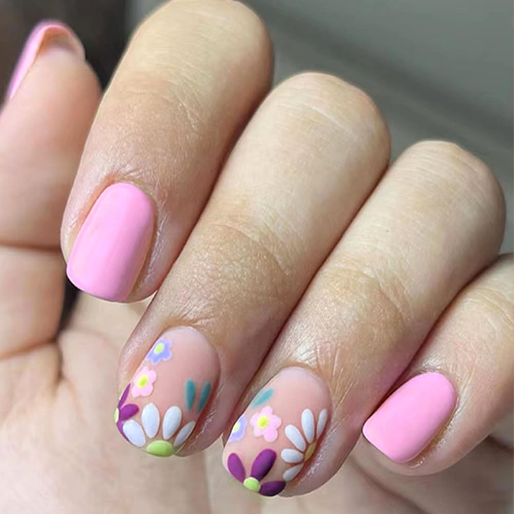 WAFOLOZE Short Press On Nails - Square Matte Pink False Nails with Small Floral Design, Artificial Stick On Acrylic Nails for Women, 24Pcs