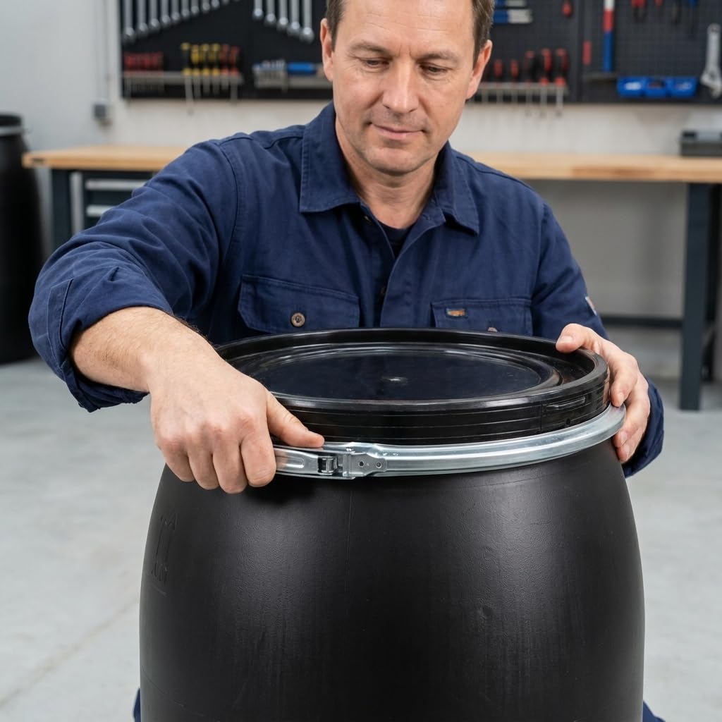 2X 120 Liter Weithalsfass Schwarz mit Deckel, Spannring und Dichtung, UN-Zulassung, HDPE Kunststofffass, Deckelfass, Lagerfass, Regentonne, Universalfass für Garten, Garage und Lager