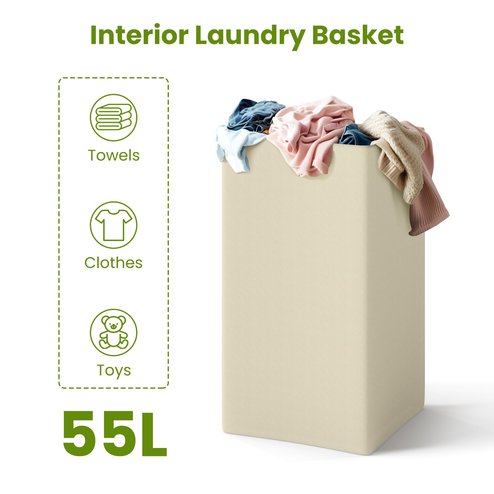 HOMASIS 35L/28L Secchio per Lavanderia da Bagno, Cesto Portabiancheria con Coperchio in Legno, Cesta Panni Sporchi Salvaspazio per il Bucato, 30 x 30 x 61 cm, Bianco (Modello 2, con Tasca)