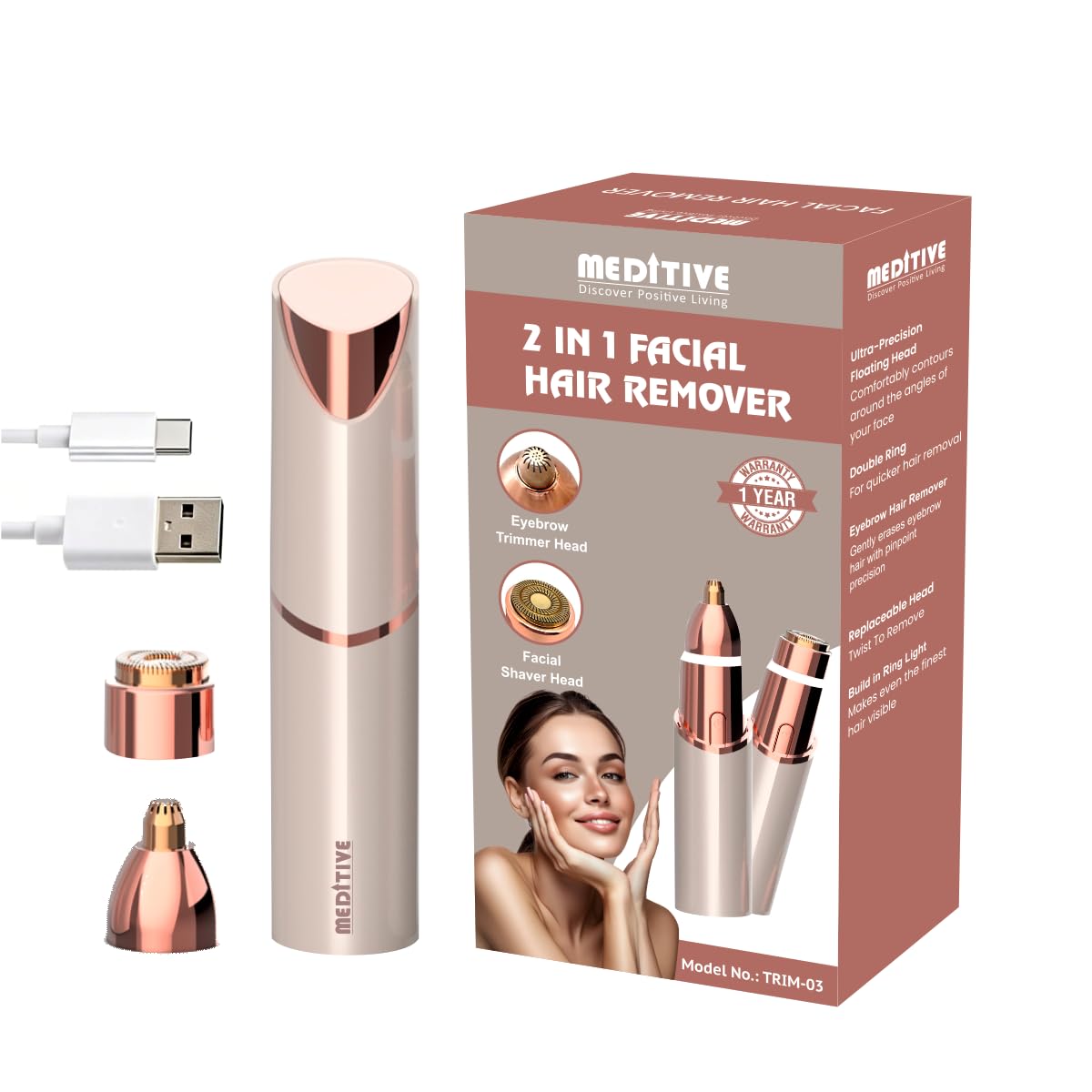MEDITIVE 2 in 1 Women Facial Hair Remover & Eyebrow Trimmer | Painless Facial Trimmer for Women | Built-in Ring Light | Type-C USB Rechargeable | Compact, Stylish And Easy to Use