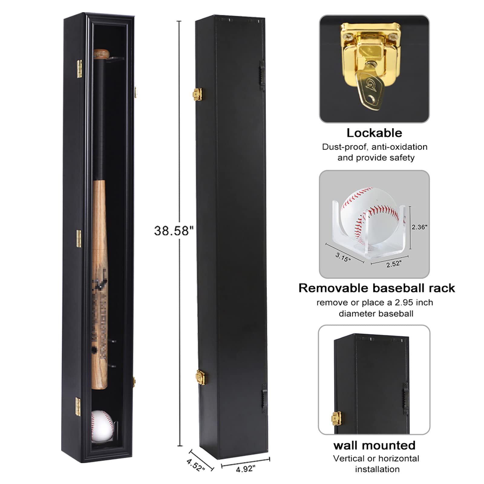 HOROW Baseball Bat Display Case Wooden Frame with Acrylic Transparent Door Holder Rack Cabinet Wall Mounted Shadow Box Vertical or Horizontal, w/98% UV Protection-Lock Black