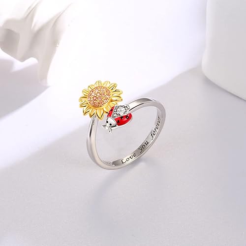 Miniatura 5 de oGoodsunj Anillo antiansiedad de plata esterlina 925 para mujer girasol abeja mariquita mariposa giratorio anillos tranquilos regalos de joyería