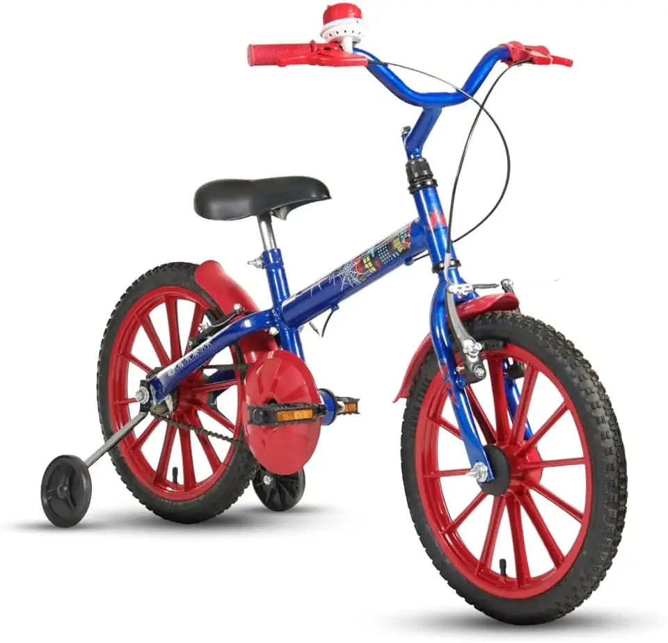 Bicicleta Infantil Spider Menino Aranha Aro 16 Azul Quadro em Aço Carbono, Com Rodinhas de Treinamento, Para 4-7 Anos, Capacidade 30kg