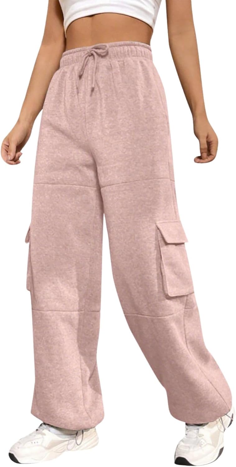 HOTYD Loose Fit Cargo Sweatpants for Women Straight Leg Elastic Waist Drawstring Casual Pants with Pockets Baggy Hiking Pants