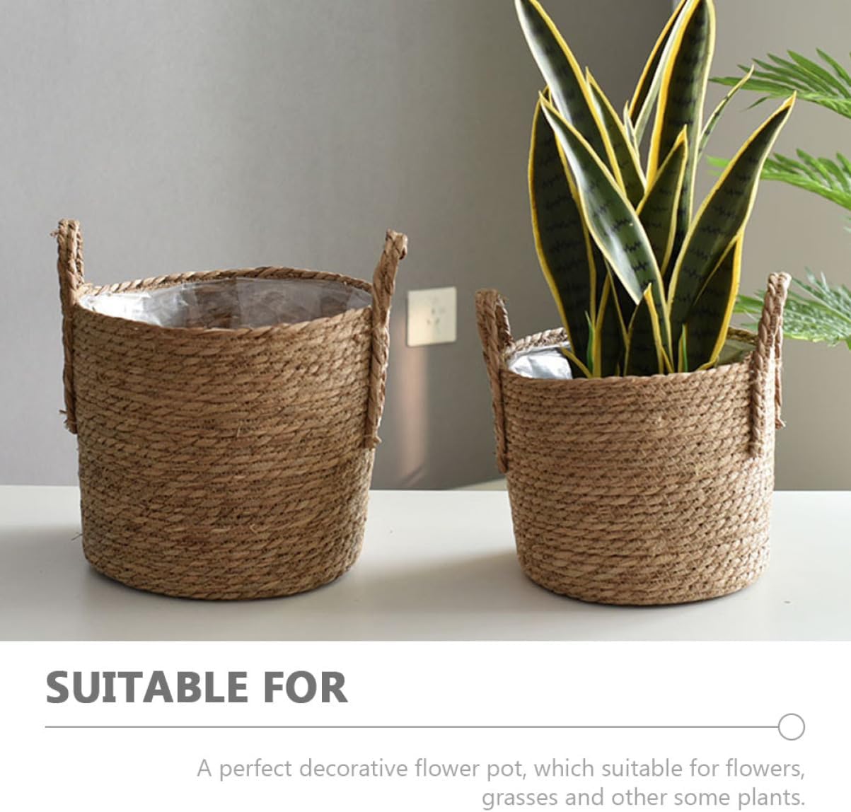 BESPORTBLE Woven Straw Flower Basket with Lining Decorative Plant Pot for Indoor Outdoor Use Handcrafted Storage Basket with Handle for Organizing and Displaying Plants