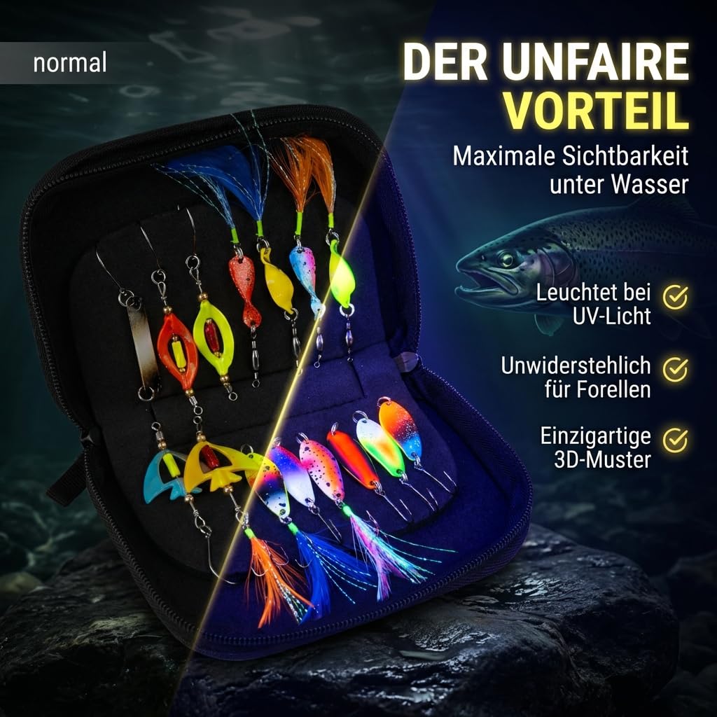 Neu Alle Forellen Köder Neuheiten 2025 in Einer Spoon Tasche | Forellen Set 15 Spoons Forelle 2g, 3g, 3,5g, 4g | Uv-Aktive Forellenköder für jedes Wetter und Wasser | Angelzubehör Trout Spoon Angeln