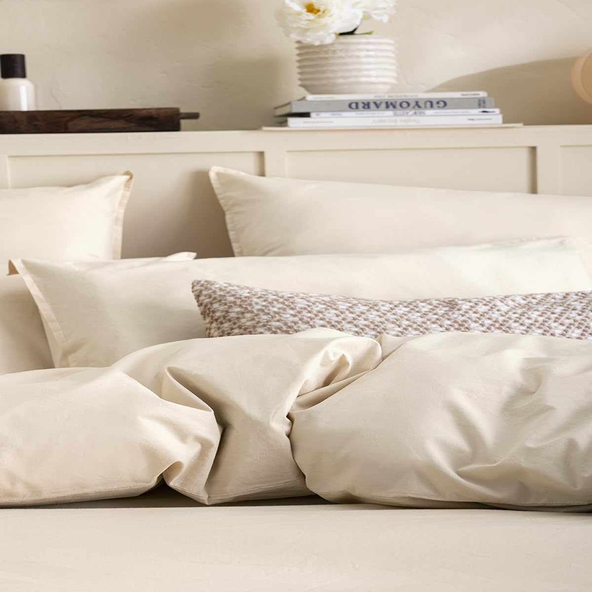 Plain Dyed Washed Cotton Percale Flat Sheet, Delicate, 180 x 290 cm, ESSIX, Medium Beige - Image 3