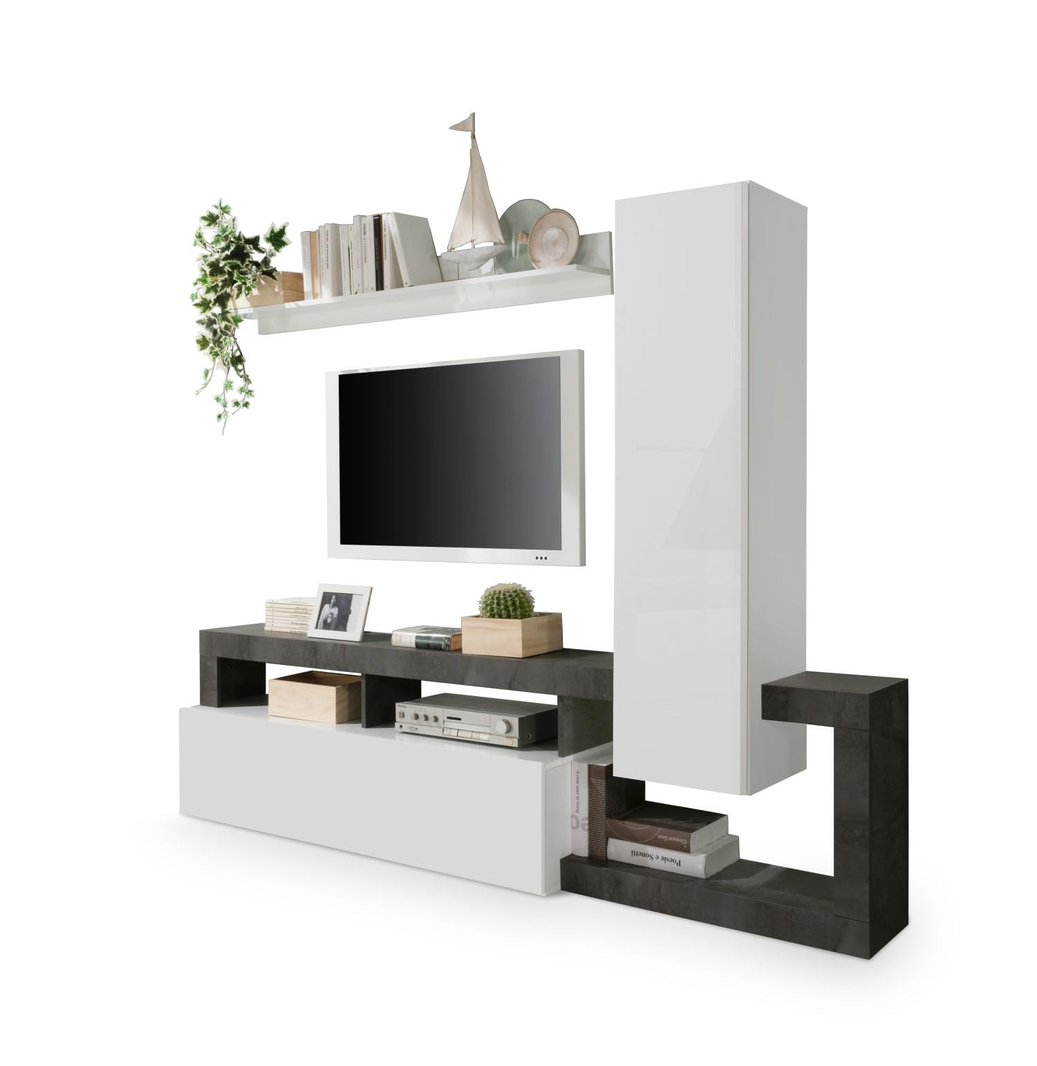 Web Convenienza Parete TV Hamburg Bianco Lucido Attrezzata - Mobile Televisore in Legno con Pensili ad Ante a Ribalta Moderno (1 Pensile Alto, Ossido)