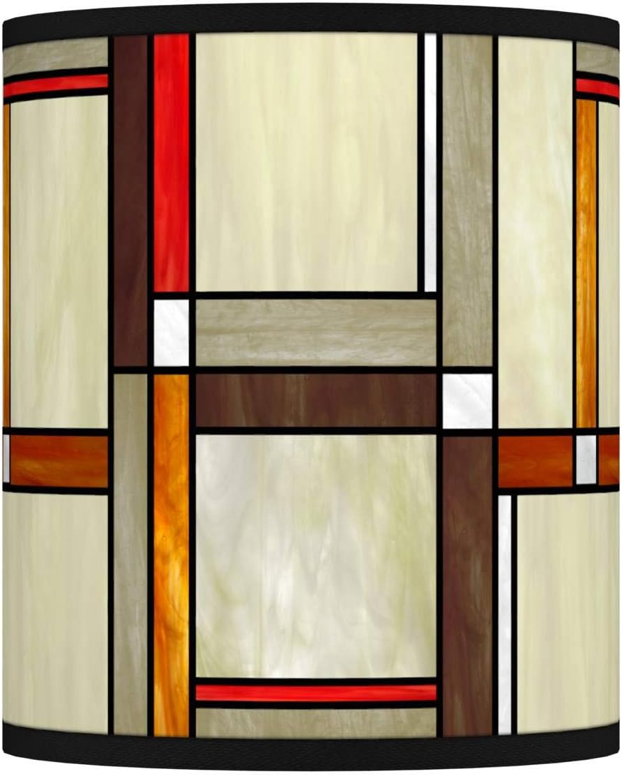 Cylinder Print Lamp Shade (Pre-Assembled) Modern Squares Beige Medium 10" Top x 10" Bottom x 12" High Spider with Replacement Harp and Finial Fitting - Giclee Glow