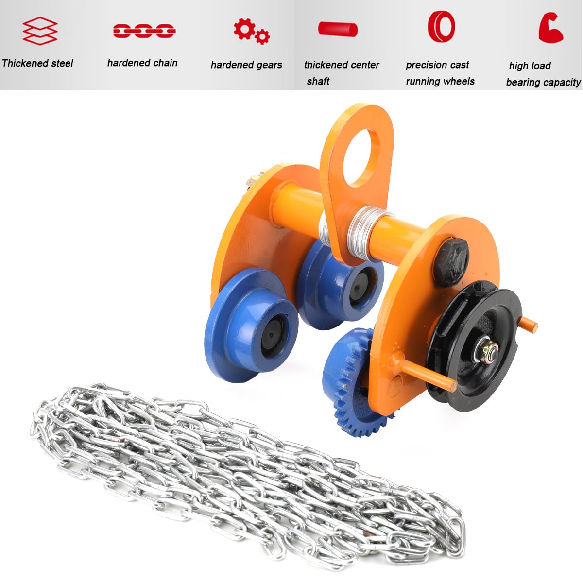 Laufkatze 2000kg Tragkraft Rollfahrwerk mit Doppelrädern, für I-Strahlbreite 94-124mm, Manuelle Kettenzug Laufkatze mit 3m Ketten