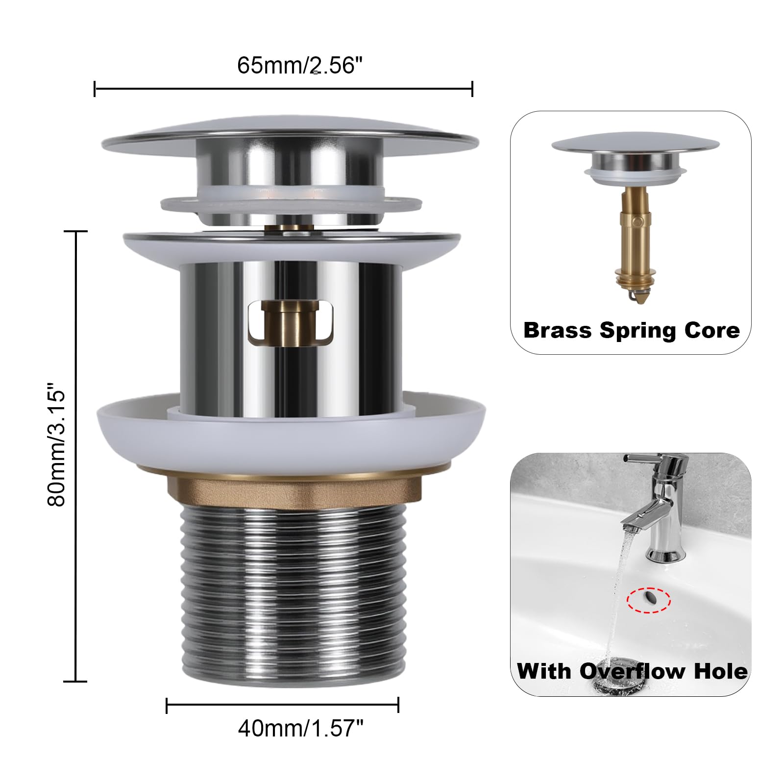 Siphon de lavabo avec trop-plein - Siphon universel en acier inoxydable 304 - Pour lavabo de salle de bain - Siphon pop-up - Argenté