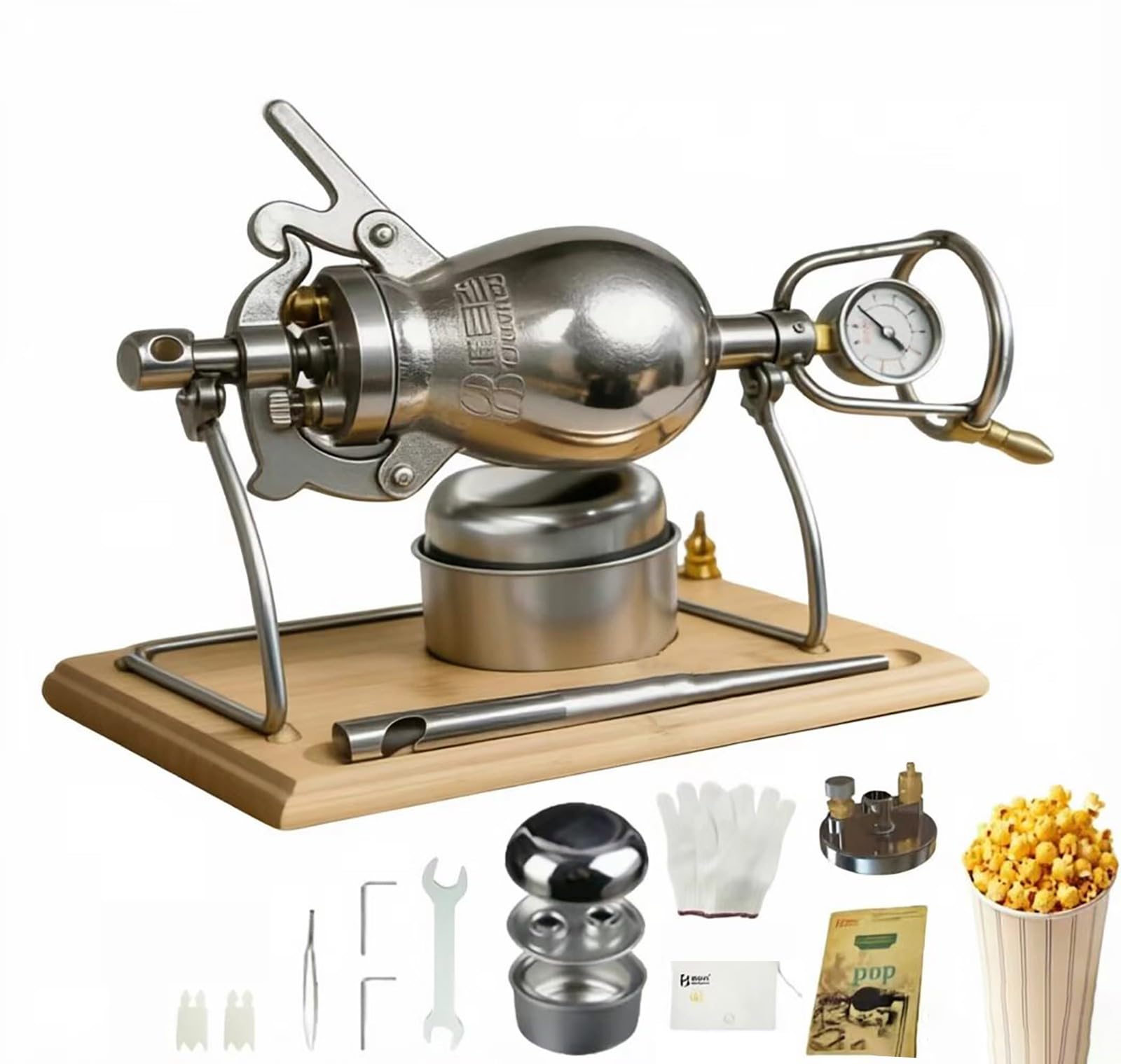Tradycyjna maszyna do popcornu w stylu vintage z Chin, wysokociśnieniowa maszyna do popcornu ze stali nierdzewnej 304, na uroczystości rodzinne i jako dekoracja domu (500 ml)