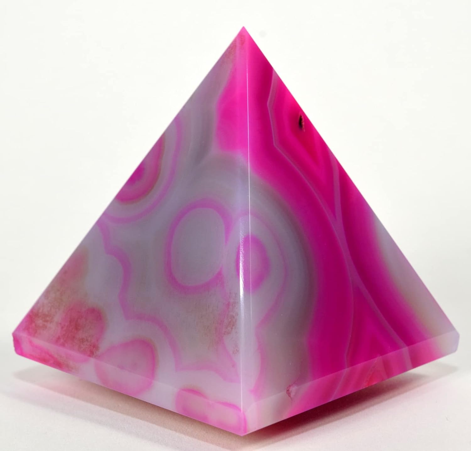 2.5" 265g Dyed Rose Pink Banded Chalcedony Agate w/Quartz Pyramid Polished Gemstone Crystal Mineral Specimen - India + One Clear Quartz Pebble