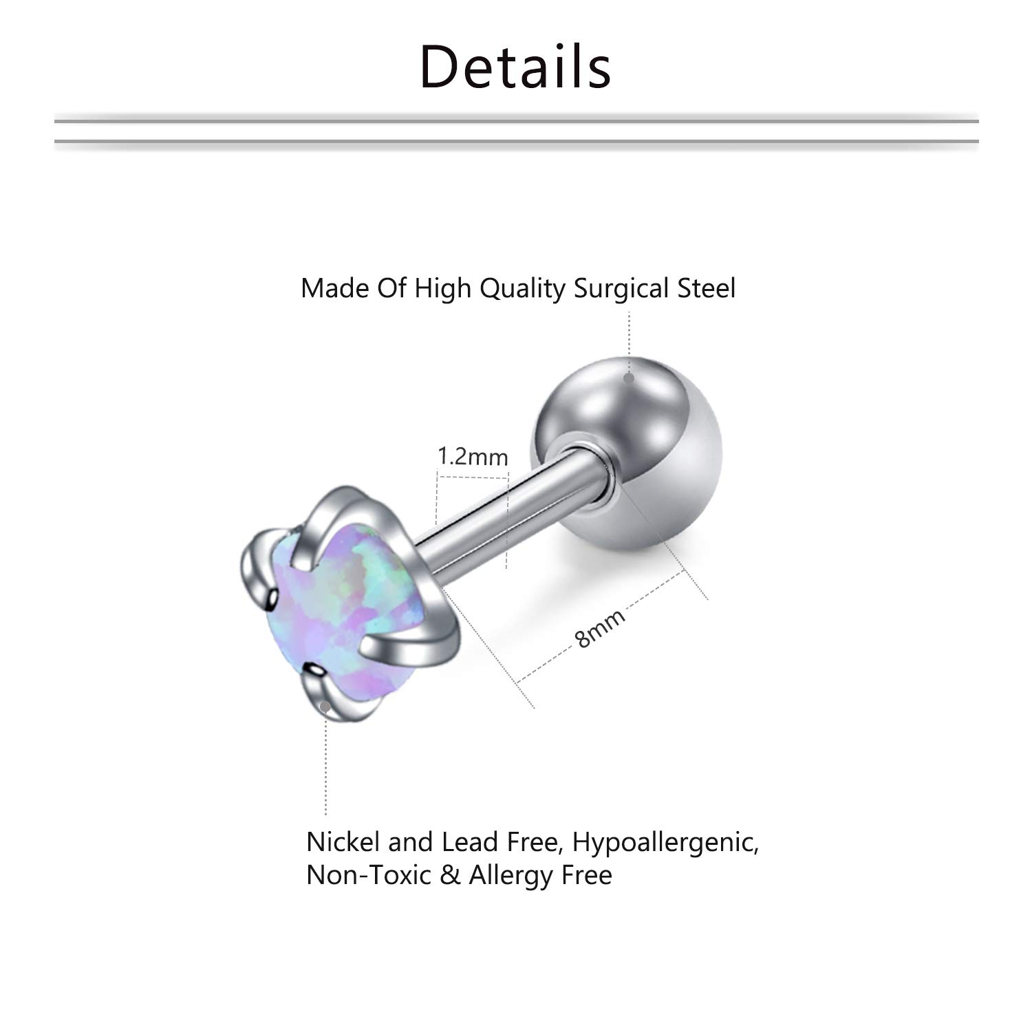 Mayhoop 16G Piercing Oreille Tragus Helix Cartilage Acier Chirurgical Opale Marbre Fleur Clou d'Oreille Bijoux de Piercing Argent Or Rose