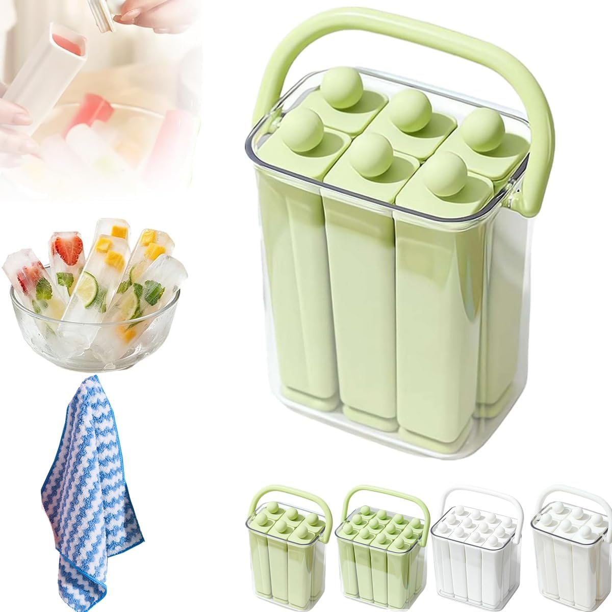 Ice Cubes Reusable, Long Ice Cube Tray with Lid, Silicone Ice Sticks for Water Bottles for Quick Freezing and Easy Removal, Silicone Ice Cube Moulds for Whiskey, Cocktail and Drink、Green、6Pcs